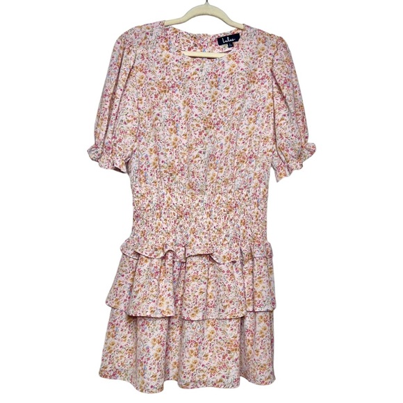 LULUS Isn't She Darling Blush Floral Print Puff Sleeve Mini Dress. Size Large - Picture 4 of 14